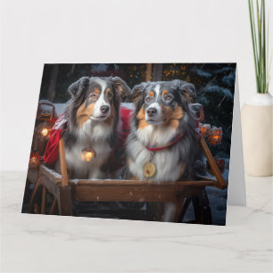 Cartão Decoração de Natal Australian Shepherd Snowy Sleig