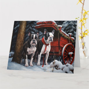 Cartão Decoração de Natal Boston Terrier Snowy Sleigh  