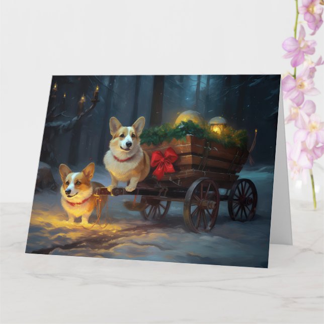 Cartão Decoração de Natal de Corgi Snowy Sleigh (Orquídea)