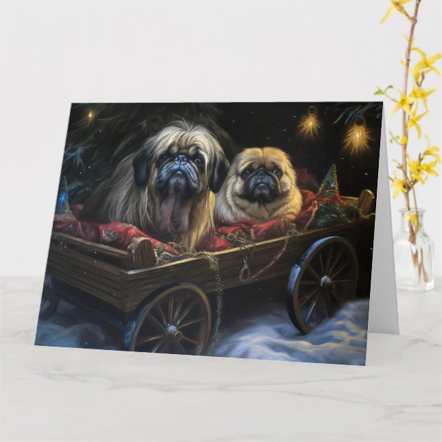 Cartão Decoração de Natal de Pekingese Snowy Sleigh (Flor Amarela)