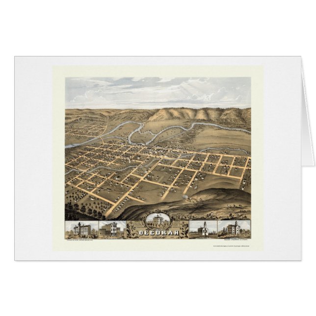 Cartão Decorah, mapa panorâmico de Iowa - 1870 (Frente Horizontal)