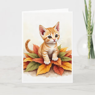 Cartão Decorativo de Gatinho em Pilha de Folhas