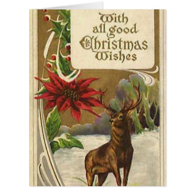 Cartão Deer in a Snowy Wood, Poinsettia Christmas Wishes (Frente)