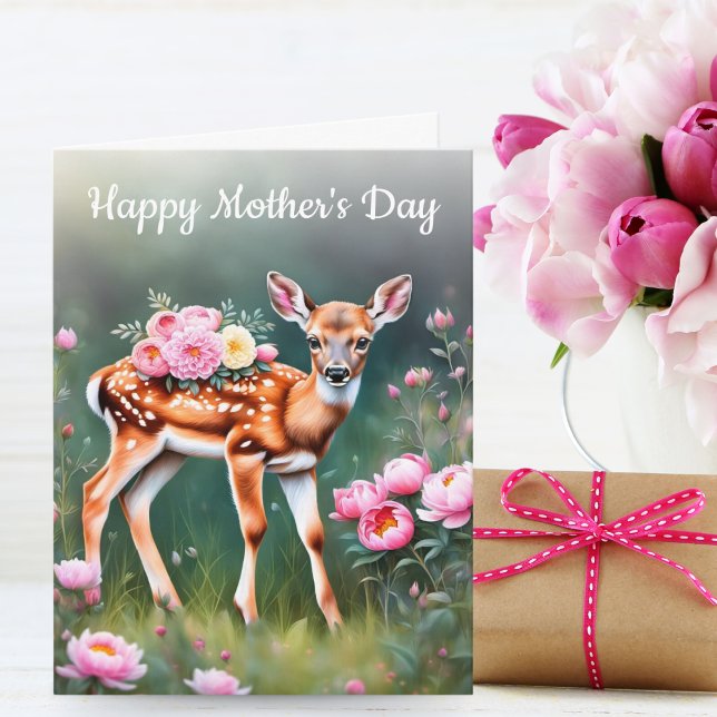 Cartão Deer In Peony Garden Feliz Dia de as mães (A sweet Mother's day card for children and adults to give to their Mom who loves all things nature.)