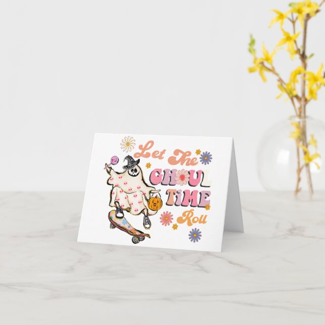Cartão Deixe o Tempo dos Ghouls Rolar Retro Halloween (Flor Amarela)