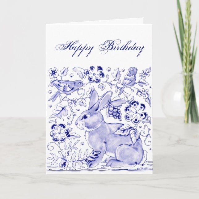 Cartão Delft Blue Rabbit Birds Dedham Birthday (Frente)