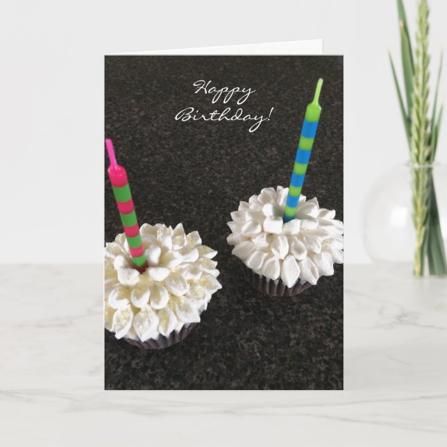 Cartão Deliciosos Cupcakes de Flores com Velas (Frente)