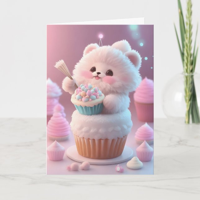 Cartão Deliciosos Cupcakes de Gato Branco Adorável com Ch (Frente)
