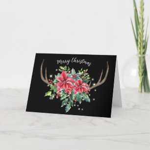 Cartão Der Antlers com Placa de Buquê Poinsettia