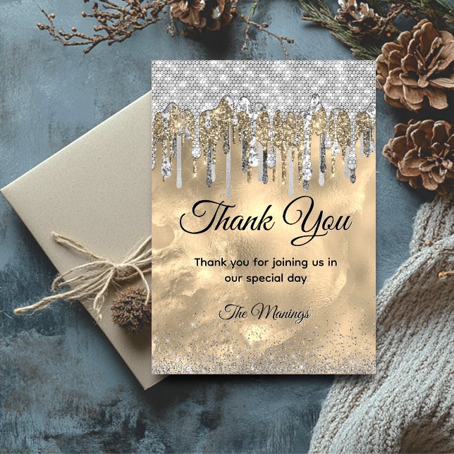 Cartão Derramamento da luz prateada em ouro-chic Obrigado (Criador carregado)
