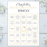 Cartão Desafio do Jogo do Festa Hen Dourado Bingo Bachelo<br><div class="desc">Bingo de solteira é uma atividade perfeita para a festa de solteira / galinha. Este cartão de jogo bingo apresenta design preto e branco minimalista com anel de ouro. Edite a modelo para tornar isso exclusivo. Clique em - personalizar - para adicionar sua personalização.</div>