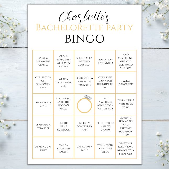 Cartão Desafio do Jogo do Festa Hen Dourado Bingo Bachelo (bachelorette bingo hen party game gold bachelorette party games party game bingo gold ring)