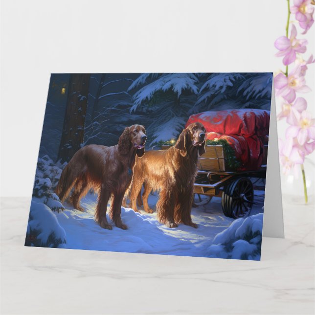 Cartão Desconto de Natal do Irish Red Setter Snowy Sleigh (Orquídea)