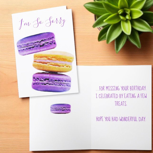 Cartão Desculpe, Cookies Roxos de Macaron Amaram o Aniver (template greeting card cover and inside text)