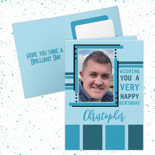 Cartão Desejando a sua feliz foto de aniversário azul