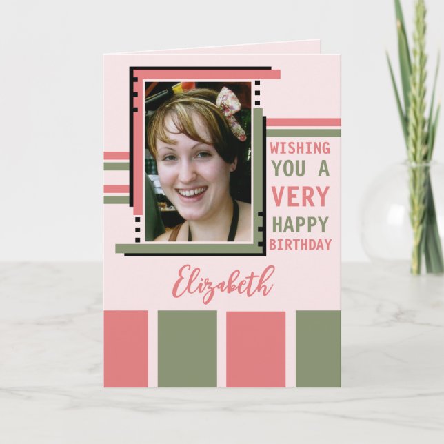 Cartão Desejando a sua feliz foto de aniversário rosa ver (Frente)