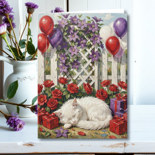 Cartão Desejando um Aniversário Incrível Gato & Floral