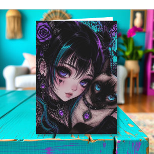 Cartão Desejando um Dia Incrível Garota de Anime & Gato