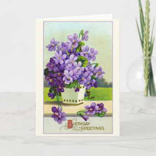 Cartão Desejos de Aniversário Antigo com Flores de Violet
