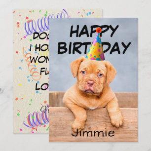 Cartão Desejos de Aniversário do Cachorrinho com Chapéu d