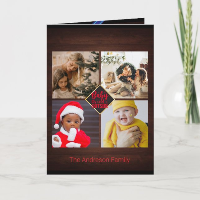 Cartão Desejos de Natal Lindo Álbum de Família de Madeira (Frente)