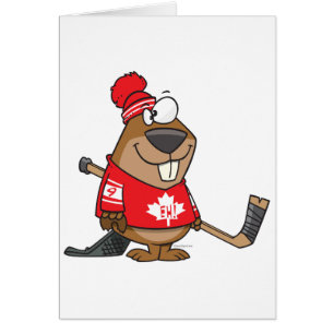 Cartão desenho animado do castor de hóquei do bobo canad