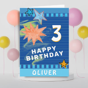 Cartão Desenho Azul Colorido Divertido Estrelas Aniversár