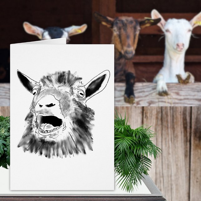 Cartão Desenho de Cabra Engraçado (Funny screaming goat drawing black and white greetings card simple fun farm animal art)