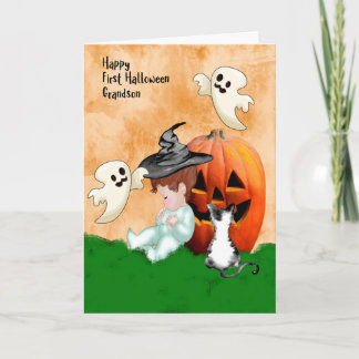 Cartão Desenho de Halloween para neto com abóbora