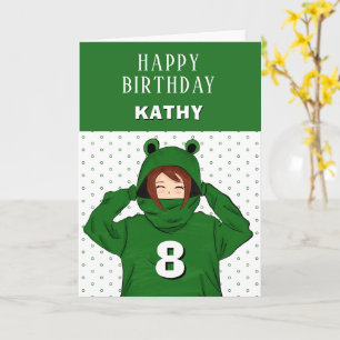 Cartão Desenho de Menina Fofa com Moletom de Sapo Verde d