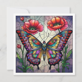 Cartão Desenho de vitral de borboleta flor papoula