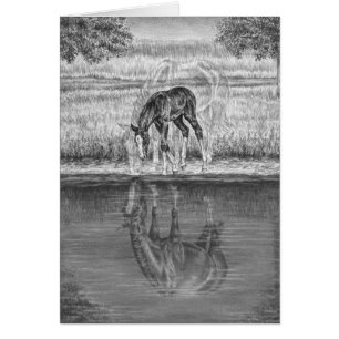 Cartão Desenho do cavalo da égua e do potro pela cisne de