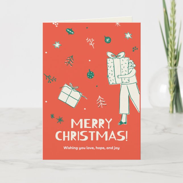 Cartão Desenho do presente de Natal do Carregando feminin (Frente)