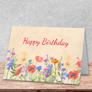 Cartão Desenho Floral de Prado de Aniversário em Aquarela