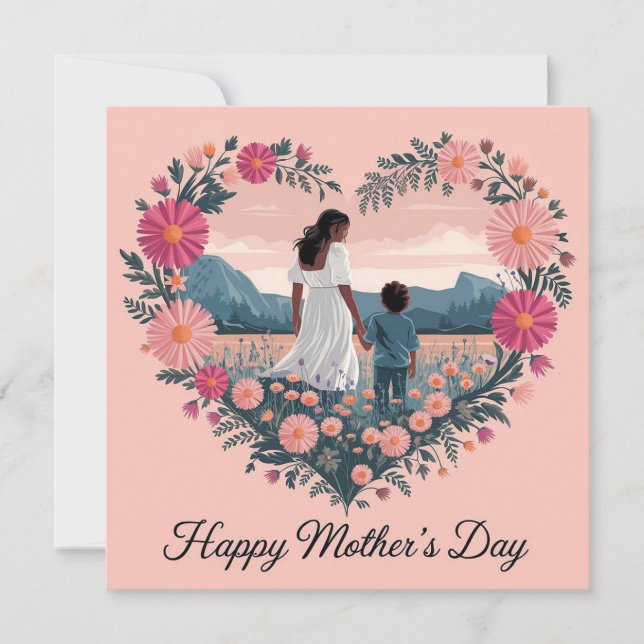 Cartão Desenho Sentido do Dia das Mães: Mãe e Filho  (Frente)