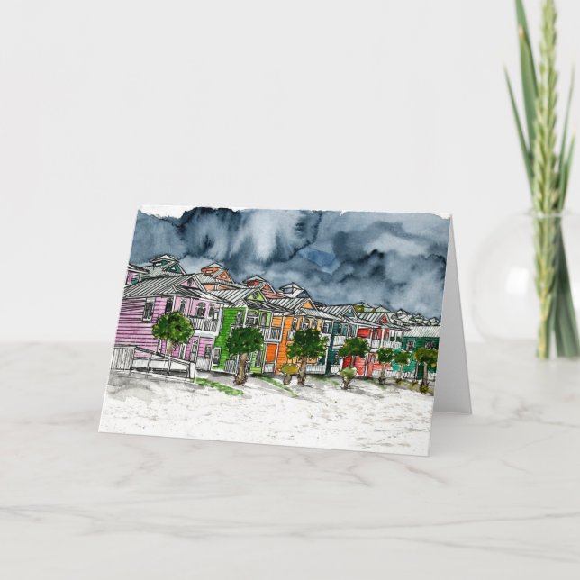 Cartão desenho tropical da arte das casas de praia (Frente)