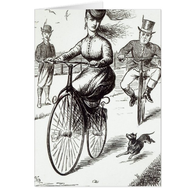 Cartão Desenhos animados de uma senhora em um Velocipede, (Frente)