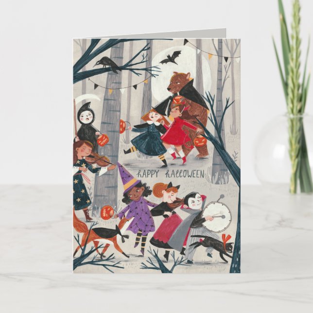 Cartão Desfile de roupas vermelhas e pretas do Halloween (Frente)