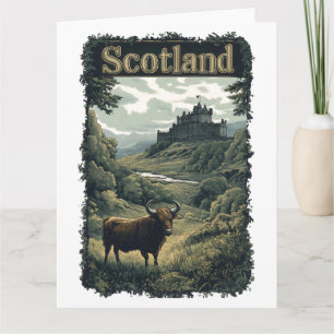 Cartão Design da Escócia: Highland Cow, Castle e Scenery