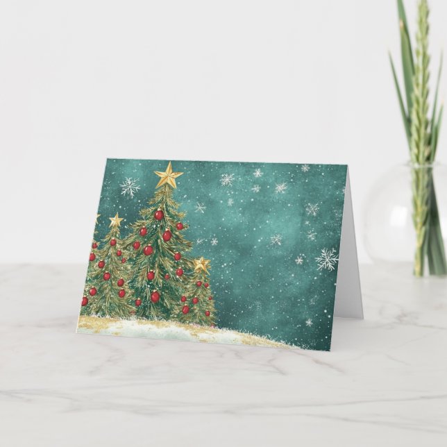 Cartão Design de Árvore de Natal de Folha de Ouro Neve (Frente)