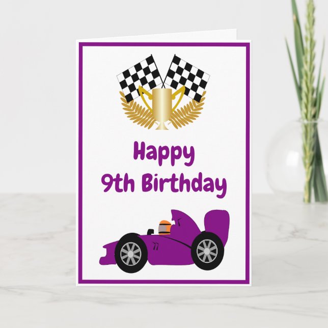 Cartão Design de Carro Roxo Personalizado 9º Aniversário (Frente)