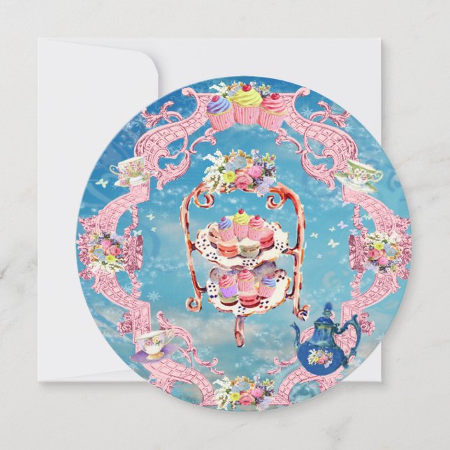 Cartão Design de Festa de Chá Caprichosa com Deliciosas S (Frente)