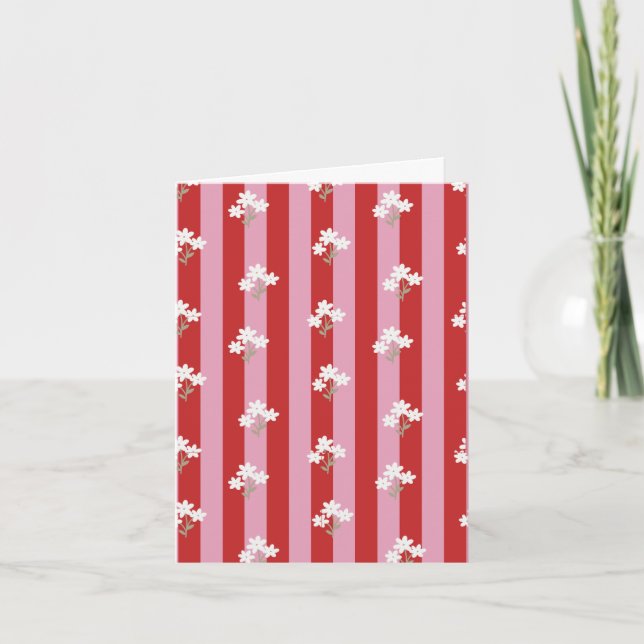 Cartão design de listras vermelhas e rosas com flores bra (Frente)