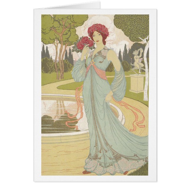 Cartão Design de Nouveau da arte - menina com rosas (Frente)