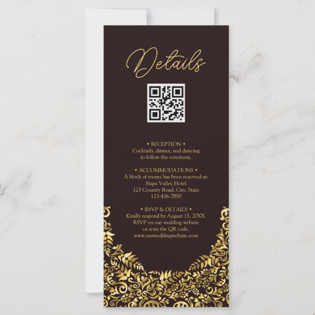 Cartão Detalhe de Casamento do Código QR Maroon do Ouro E (Frente)