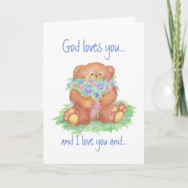 Cartão Deus te ama e eu te amo, Flores de Urso de Pelúcia (Frente)