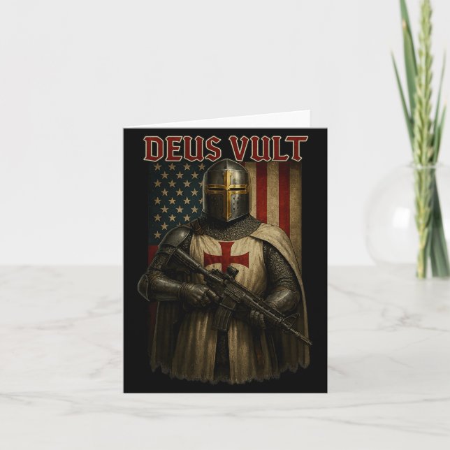 Cartão Deus Vult_ Medieval Knight Templar American Flag C (Frente)