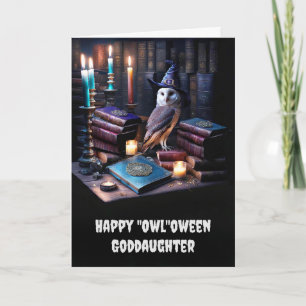 Cartão Deusa Feliz Halloween com Livros Magicais de Coruj