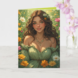Cartão Deusa Ninfa da Natureza de Verão em Vestido Verde