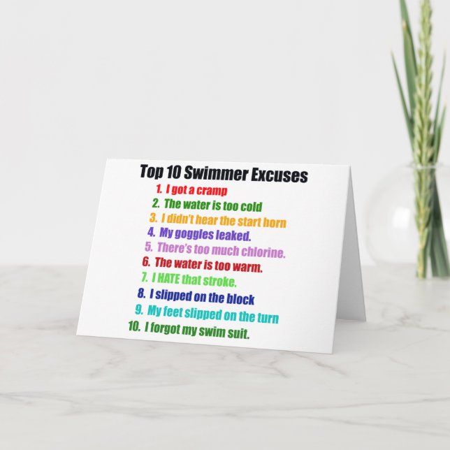 Cartão Dez melhores desculpas para nadadores (Frente)